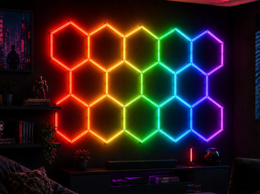Garaj, Spor Salonu, Atölye ve Ofis için Esnek Aydınlatma Amaçlı RGB LED Altıgen Işık Modüler Petek Tavan Panel Sistemi