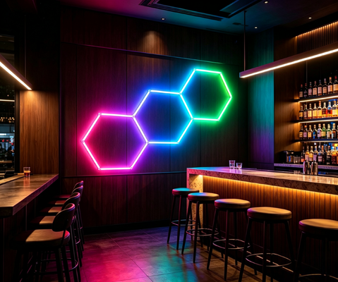 Connectable Honeycomb Modular RGB LED Hexagonal Light System Designed for Garage Gym Workshop and Office Ceiling Lighting Needs