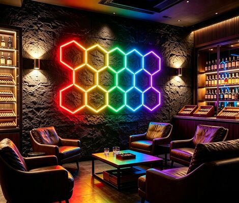 RGB LED Hexagonal Light Modular Honeycomb Ceiling Panel System for Flexible Lighting in Garage Gym Workshop and Office